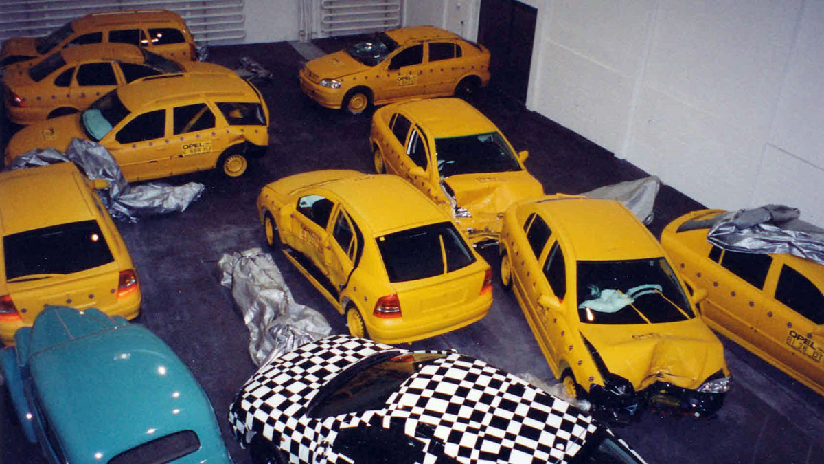 Adam Opel AG, Rüsselsheim am Main Germany, 3D crash test 35mm film, 9 crash test cars, in storage before display at Opel Live 