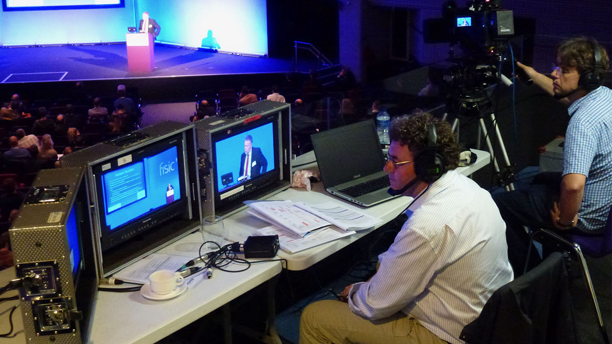 Portable production unit, multi-camera live event filming from the gallery at the QEII conference centre for Fortius Clinic, Fisic 15, Liam Lyons on site vision direction.