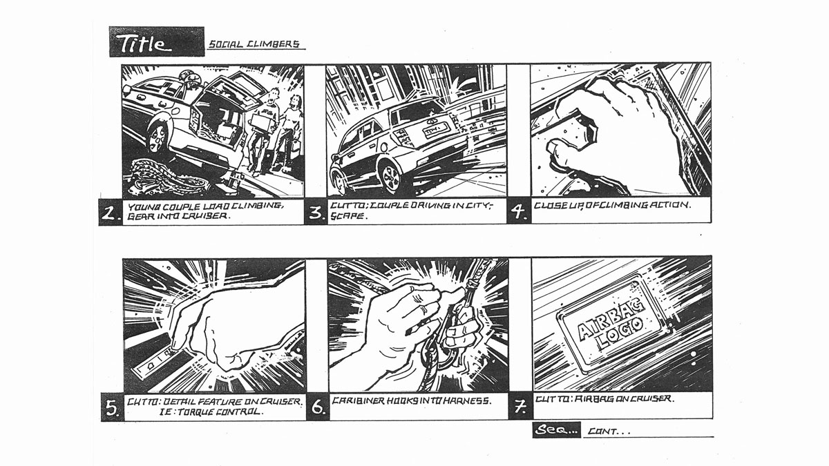 Toyota Europe Urban Cruiser, hand drawn storyboard social climbers