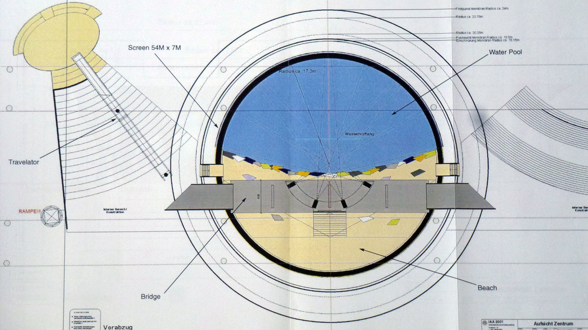 VW Frankfurt motor show black box construction plan view, film and integrated experiential event, travelator leads to a bridge and stairs down to a beach in front of a water pool and a 180° curved screen 54m wide 7m high.