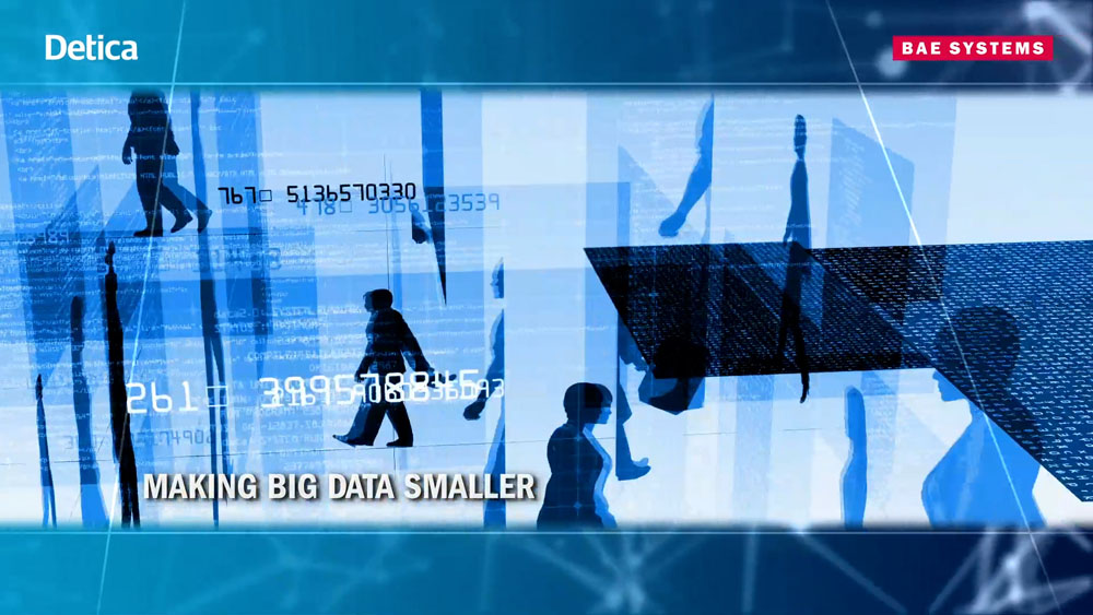 Detica Network Data Security, video garage image,  overlayed graphic representation of data and computer networks a multimedia LED information screen